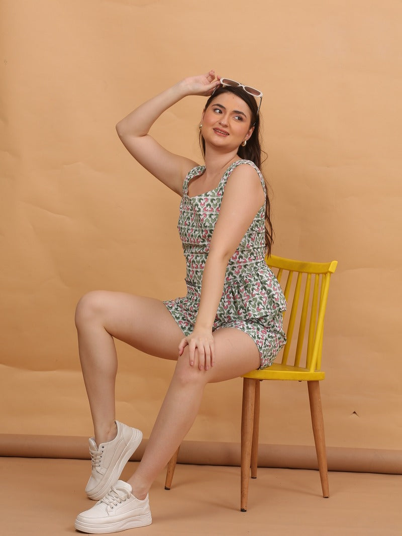 Green Floral Block Print Peplum Top & Shorts Co-ord Set