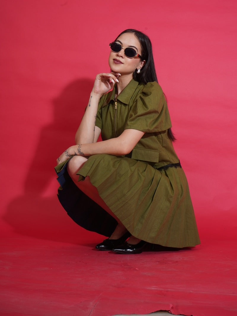 Olive Zip Shirt Dress