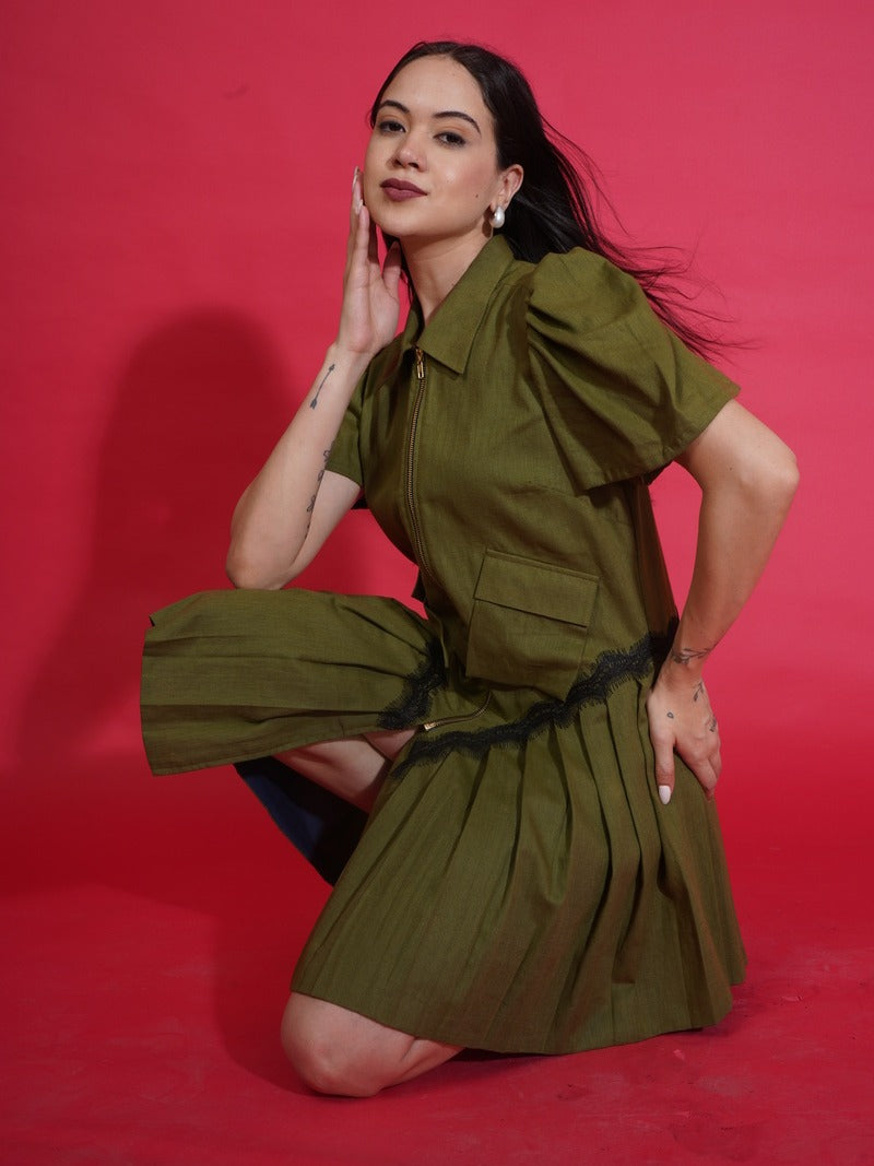 Olive Zip Shirt Dress