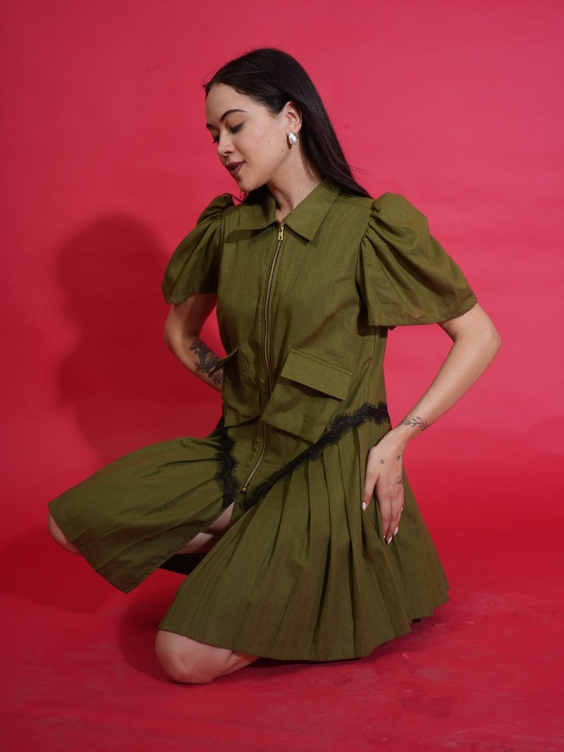 Olive Zip Shirt Dress