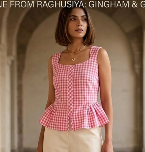 Pink Check Peplum Top