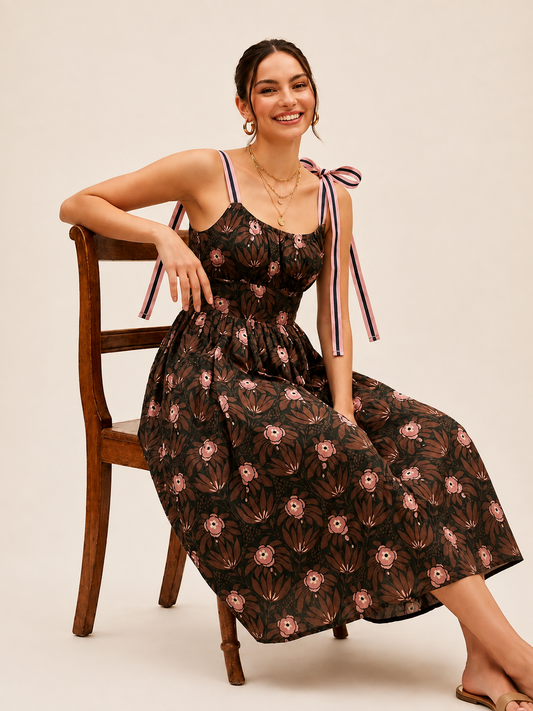 Noir Blossom Midi Dress