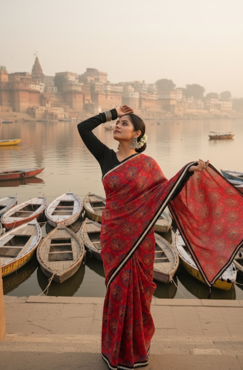 Ayodhya Crimson Printed Saree