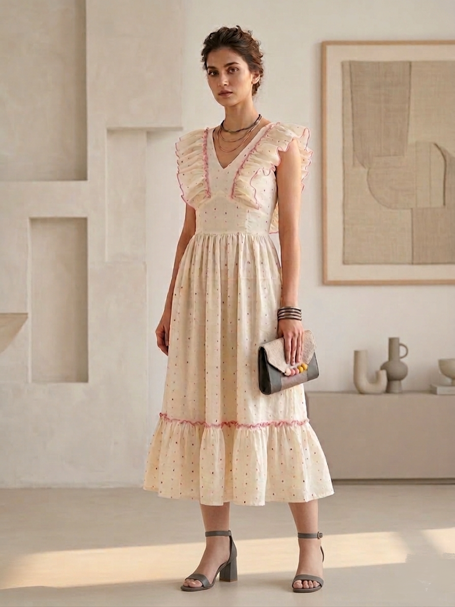 Ivory Dot Ruffle Midi
