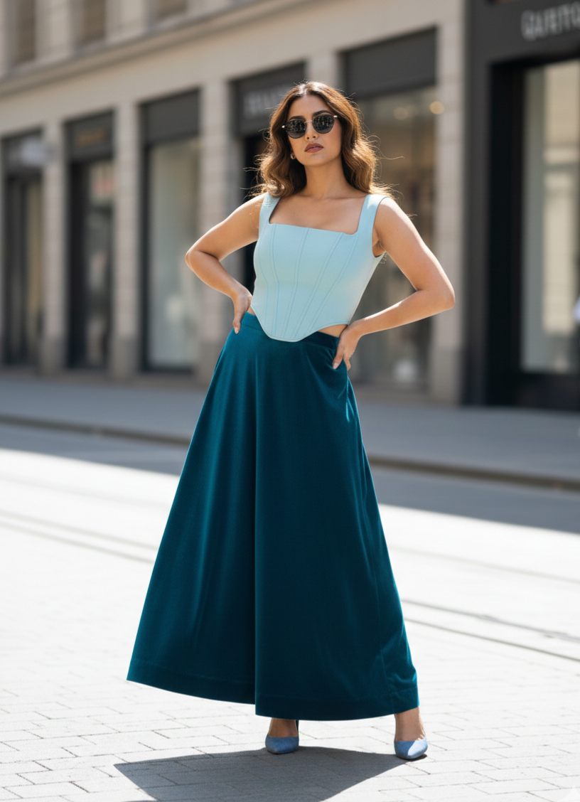 Teal Pleated Skirt Set