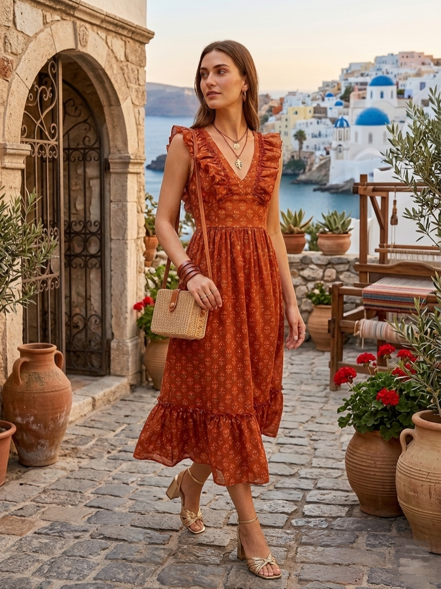 Terracotta Ruffle Midi